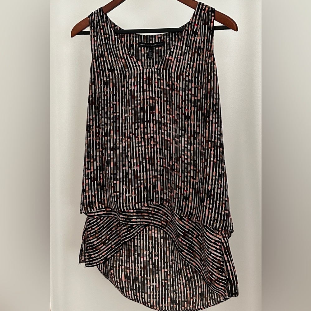 WHBM print blouse. Black, cream, pink, taupe.